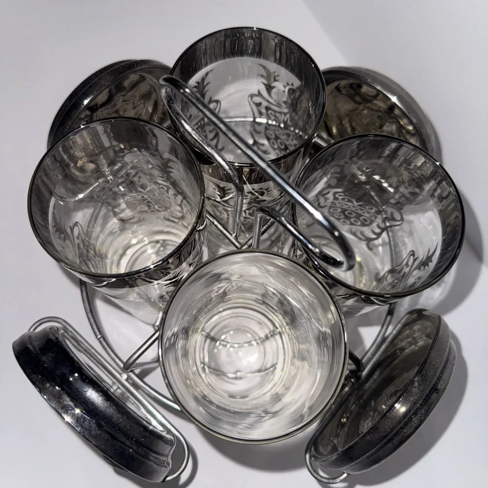 Kimiko Highball MCM Crest Glasses Silver Rim VTG Barware Caddy Coaster Set 4